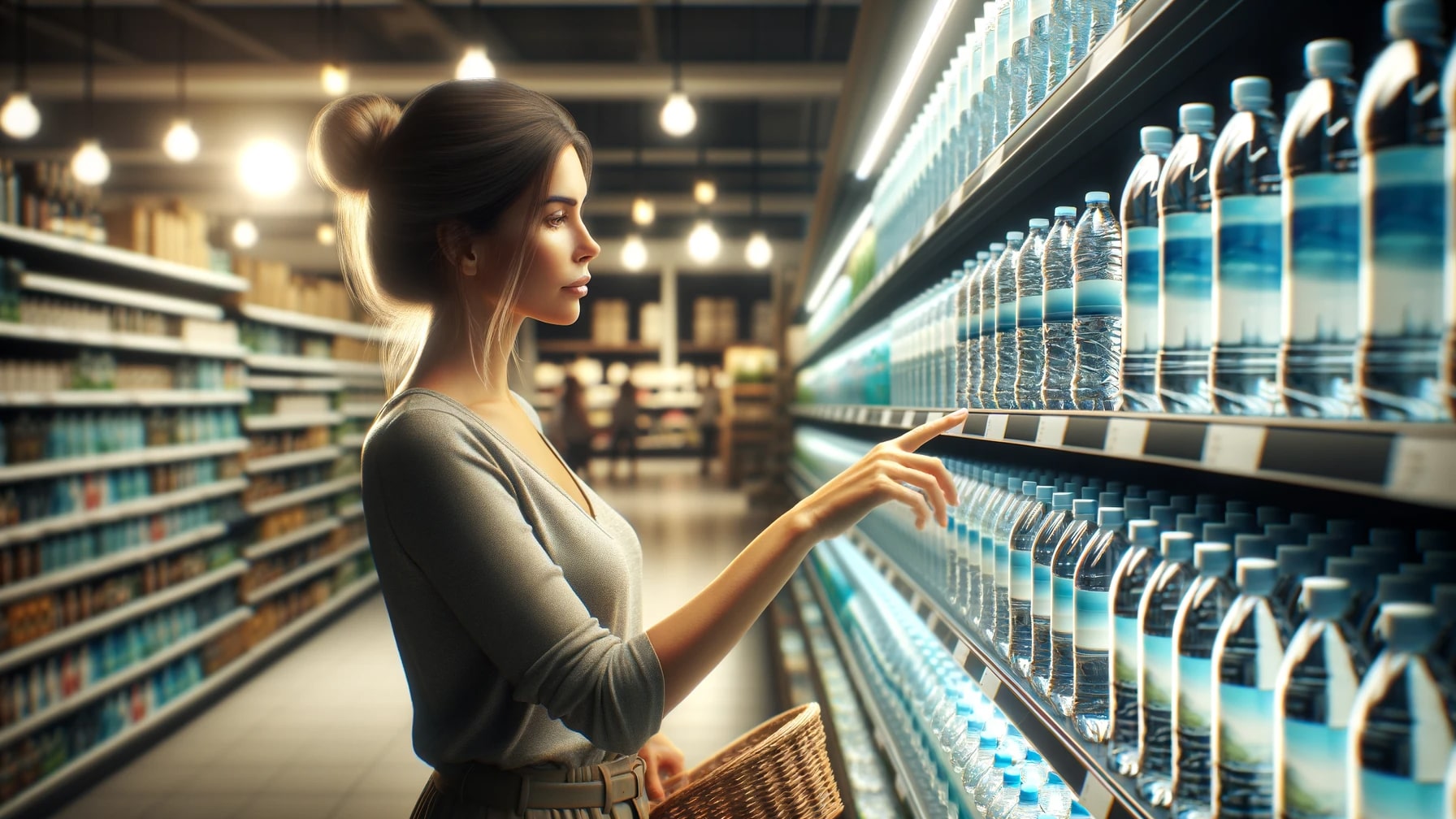 image that show a woman in store and she choose a water in shelf-min