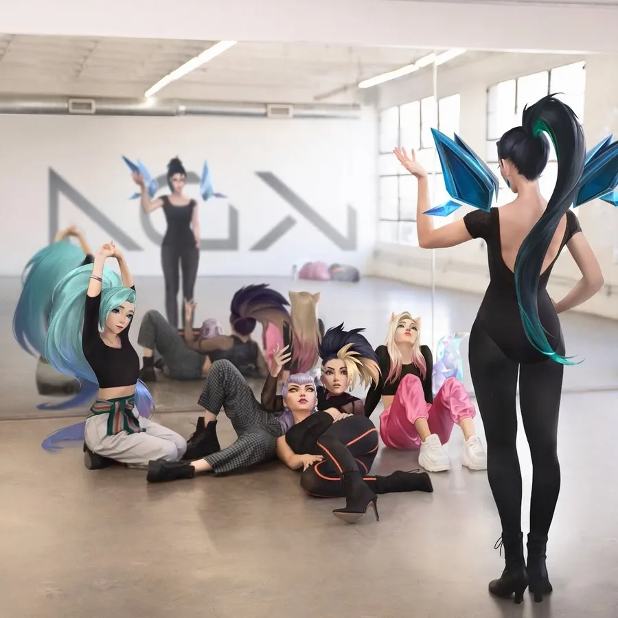 KDA members, that are also virtual influencers, are listening to their leader