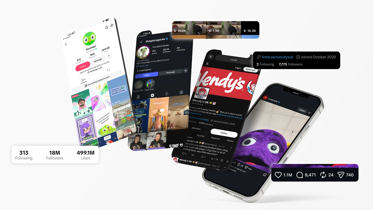 Duo (doulingo), Geiko gecko , Wendy's Girl, and McDonald's Grimace as brand mascots on social media