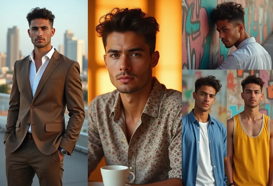 male ai-generated influencer featured in different poses, clothes and settings
