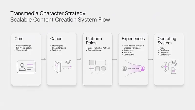 It displays five interconnected layers for transmedia character content creation system, including core, canon, platform rules, experiences and operating system.