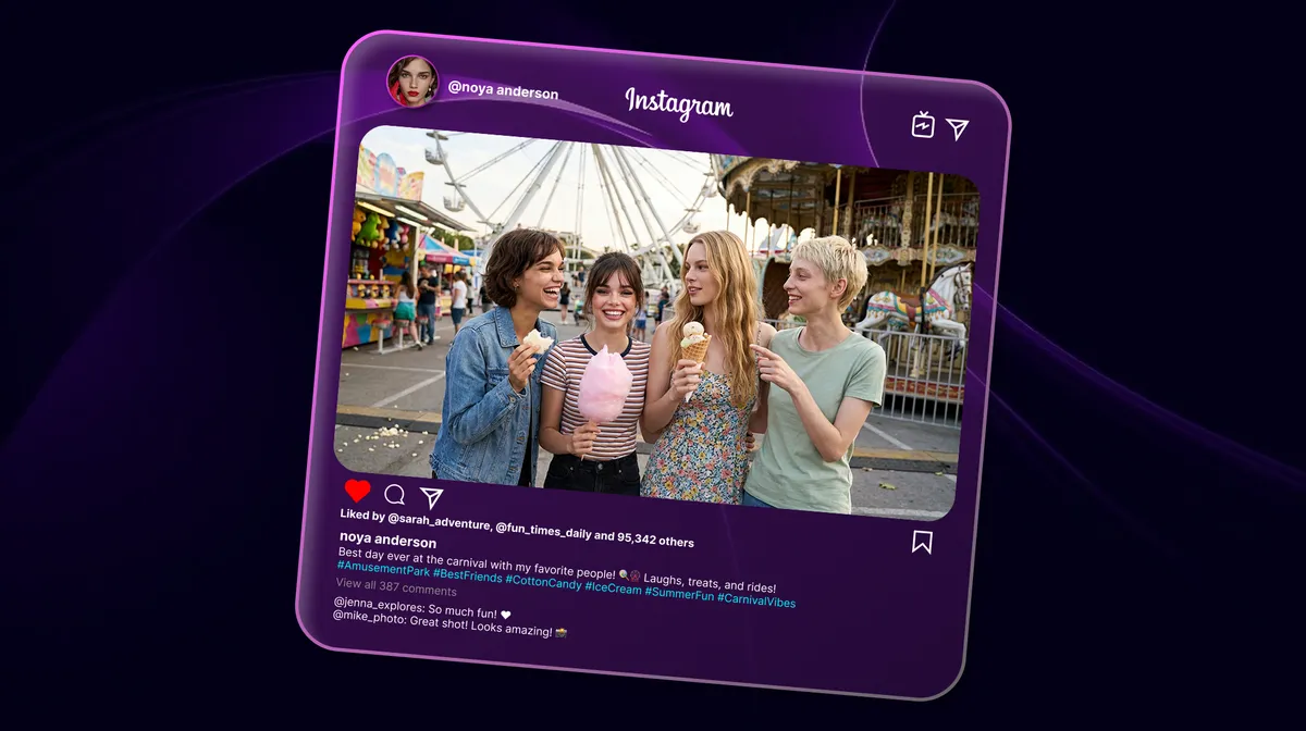 An Instagram post showing four virtual girls are eating ice cream and laughing in a playground, proving virtual influencer authenticity.