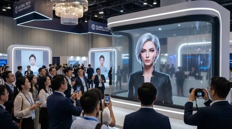 a virtual human kiosk in a crowded exhibit