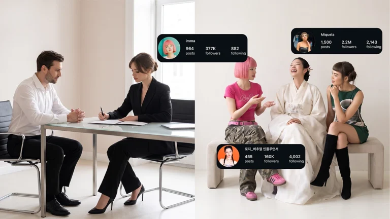 a split image comparing brand-owned virtual influencers with rented ones by featuring a virtual influencer signing a contract in a formal office setting on the left, and imma gram, lil miquela and rozy gram, the digital social media stars, talking and laughing on the right